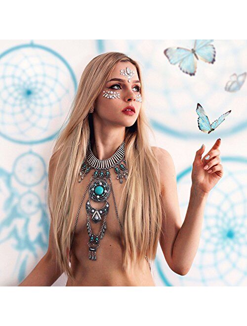 KissYan Boho Statement Turquoise Necklace Dancer Necklace Crossover Harness Bikini Waist Belly Sexy Body Chains for Women