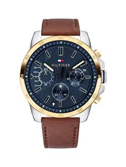 Men's Stainless Steel Quartz Watch with Leather Strap, Brown, 22 (Model: 1791561)
