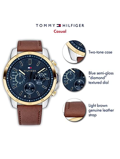 Tommy Hilfiger Men's Stainless Steel Quartz Watch with Leather Strap, Brown, 22 (Model: 1791561)