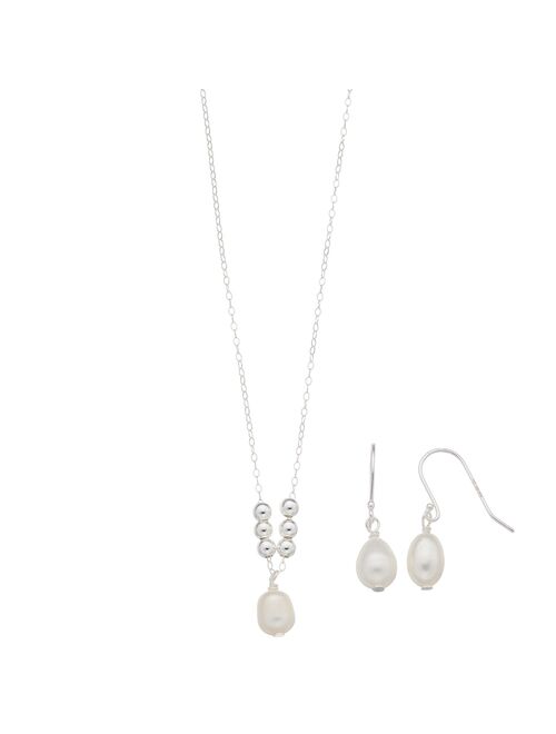 Aleure Precioso Sterling Silver Oval Cultured Freshwater Pearl Pendant Necklace & Drop Earring Set