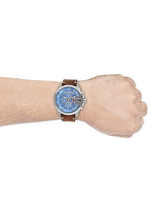 Diesel Men's Mega Chief Stainless Steel Japanese-Quartz Watch with Leather Calfskin Strap, Brown, 26 (Model: DZ4458)