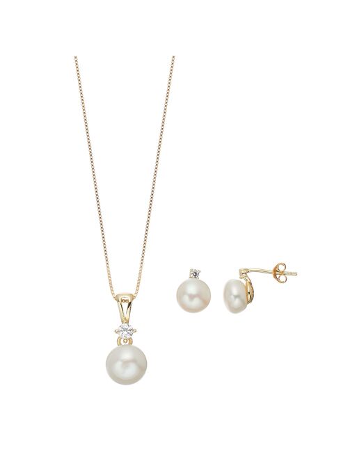 Sterling Silver Freshwater Cultured Pearl & Lab-Created White Sapphire Pendant & Stud Earring Set