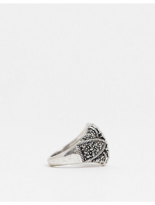 Reclaimed Vintage Inspired chunky grunge ring with crystal detail in antique silver