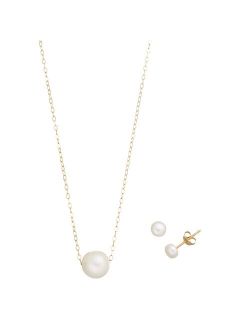 Aleure Precioso 18k Gold Over Silver 10 mm Freshwater Cultured Pearl Necklace & 6 mm Freshwater Cultured Pearl Stud Earring Set