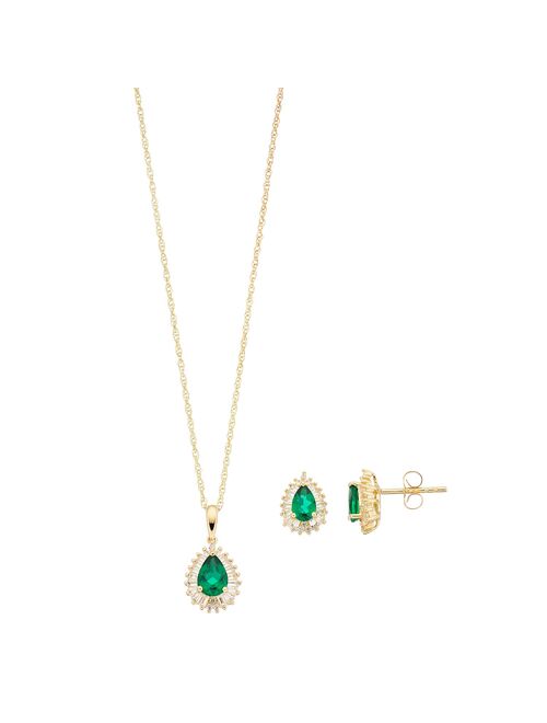 14k Gold Over Silver Lab-Created Emerald & Lab-Created White Sapphire Teardrop Pendant & Earring Set