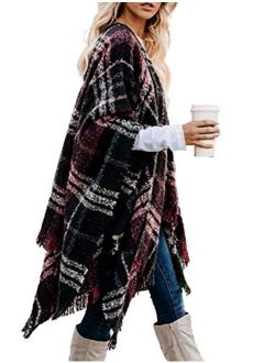 Bestshe Women's Stylish Open Front Poncho Cape Clock Block Oversize Knitted Shawl Wrap for Women