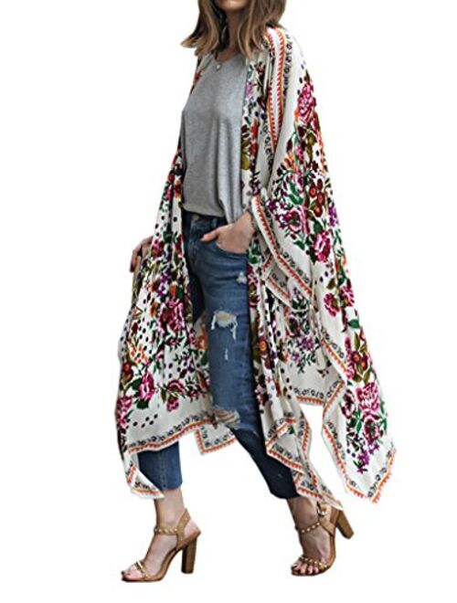 Hibluco Women's Summer Chiffon Floral Kimono Cardigan Long Swimwear Cover Ups