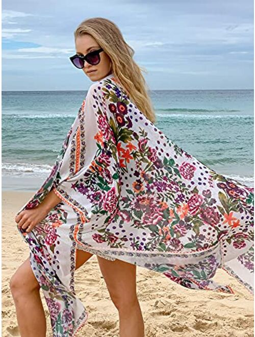 Hibluco Women's Summer Chiffon Floral Kimono Cardigan Long Swimwear Cover Ups