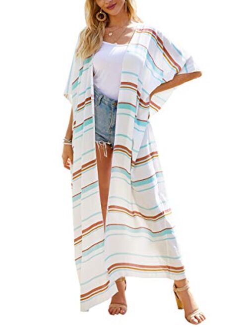 Hibluco Women's Summer Chiffon Floral Kimono Cardigan Long Swimwear Cover Ups