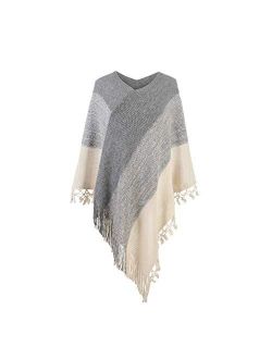 Women Striped Poncho with Tassels Knitted Shawl Scarf Fringed Wrap Sweater Pullover Cape