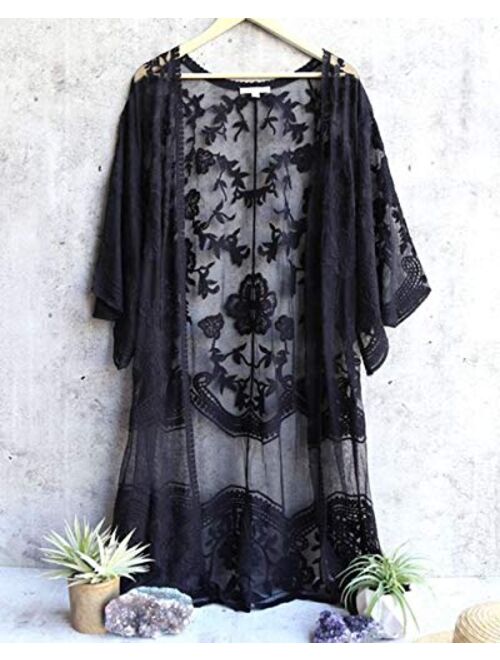 Romanstii Women's Lace Cardigan Floral Crochet Sheer Beach Cover Ups Long Kimono