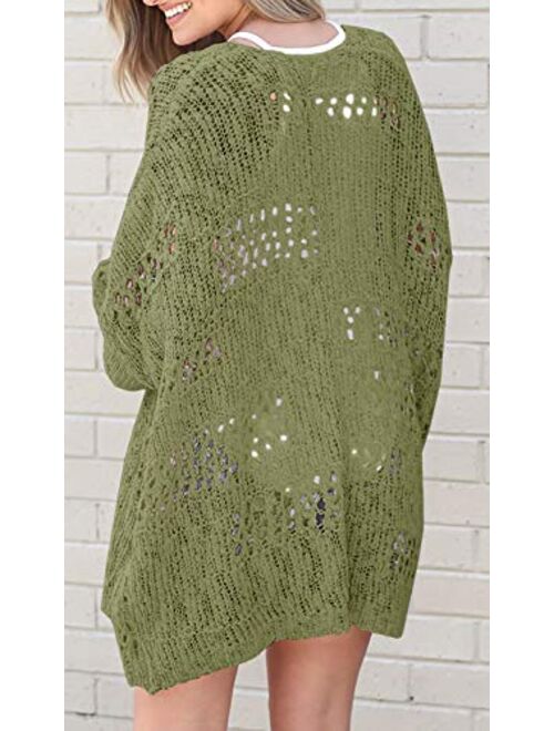 Mafulus Women's Crochet Cardigan Kimono Boho Long Sleeve Lightweight Soft Oversized Open Front Knitted Sweater