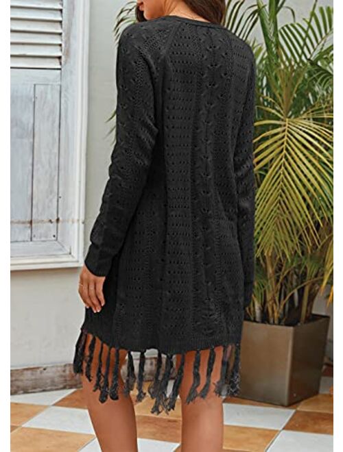 Soulomelody Womens Lightweight Knit Cardigans Open Front Hollow Out Crochet Tassel Long Sleeve Sweater Coat