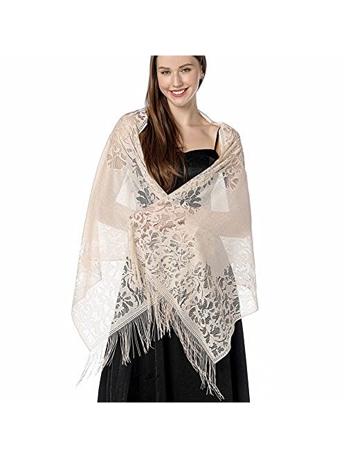 Ladiery Women's Floral Lace Scarf Shawl with Tassels, Soft Mesh Fringe Wraps for Wedding Evening Party Dresses