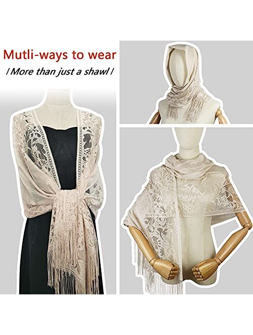 Ladiery Women's Floral Lace Scarf Shawl with Tassels, Soft Mesh Fringe Wraps for Wedding Evening Party Dresses