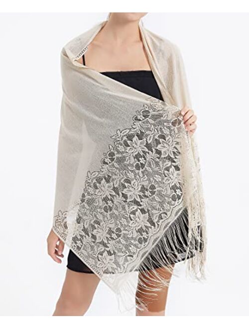 RIIQIICHY Women's Floral Lace Mesh Party Prom Wedding Shawl Scarf with Fringe