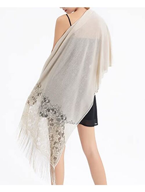 RIIQIICHY Women's Floral Lace Mesh Party Prom Wedding Shawl Scarf with Fringe
