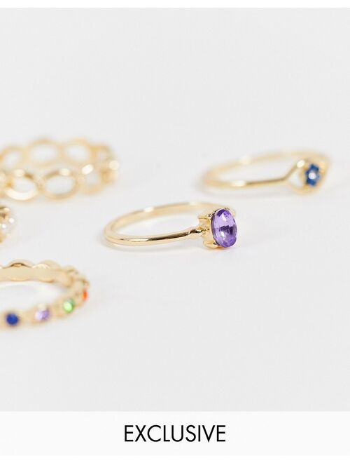 Reclaimed vintage inspired rings with multicolor stones in gold 5 pack