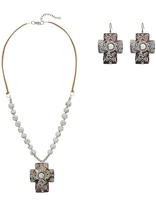 M&F Western Chocolate and White Cross Concho w/ Beads Necklace/Earrings Set
