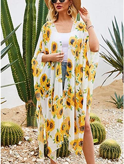 Hibluco Women's Long Floral Kimono Printed Cardigan Sheer Swimsuit Cover Ups