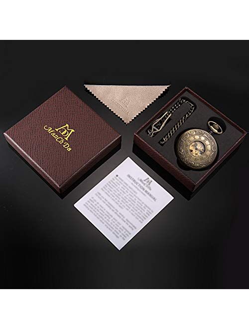 ManChDa Pocket Watch - Engraved Bronze Retro Vintage Double Hunter Series Skeleton Dial Delicate Mechanical Movement + Gift Box (1.Bronze)