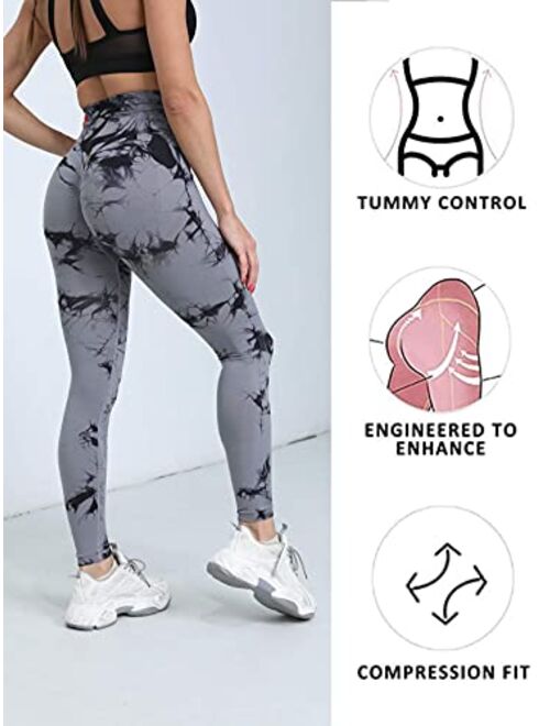 OVESPORT Seamless Leggings for Women Butt Lift High Waist Sexy Tie Dye Yoga Pants Soft Opaque Sports Workout Tights Running