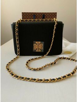 100% Authentic Tory Burch Britten Adjustable Shoulder Bag Black Gold Handbag