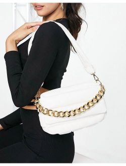 puffed quilted shoulder bag in white with chunky chain