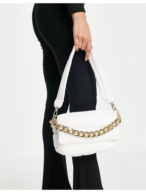 Asos Design puffed quilted shoulder bag in white with chunky chain