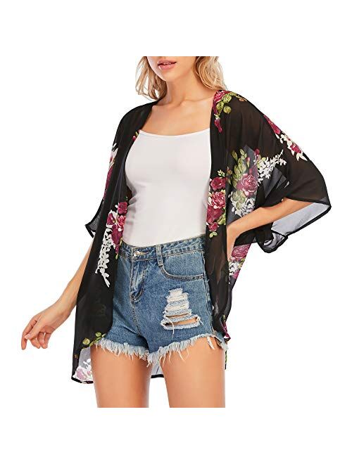 Zando Floral Kimonos for Women Swimsuit Cover Ups Open Front Summer Tops Cardigan Half Sleeve Sheer Shawls and Wraps