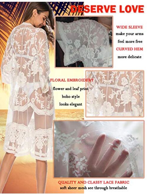 Lace Crochet Kimono Women's Long Swimwear Beach Sheer Swimsuit Cover Up Cardigan