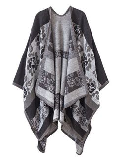 Women’s Retro Warm Shawls Poncho Cape Floral Printed Open Front Cardigans Sweater