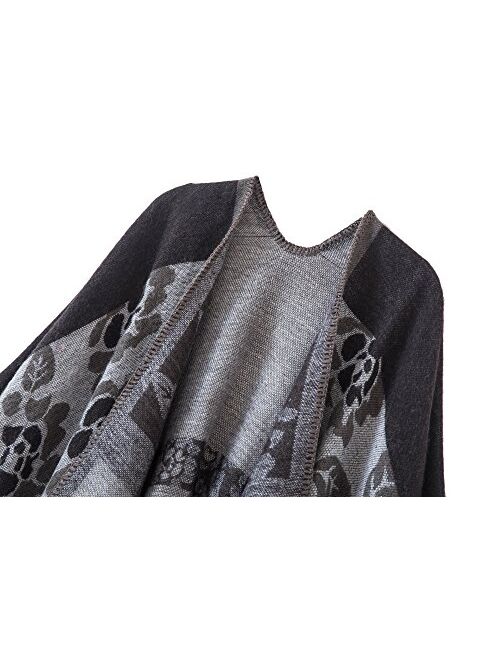 Women’s Retro Warm Shawls Poncho Cape Floral Printed Open Front Cardigans Sweater