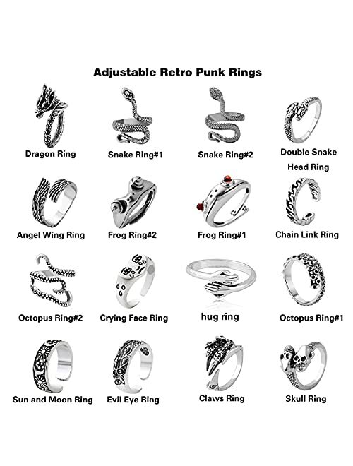 AIDSOTOU Mens Vintage Open Rings Set Frog Snake Skull Cool Punk Goth Ring for Men Women Girls Adjustable