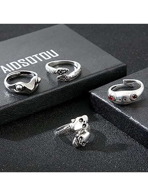 AIDSOTOU Mens Vintage Open Rings Set Frog Snake Skull Cool Punk Goth Ring for Men Women Girls Adjustable