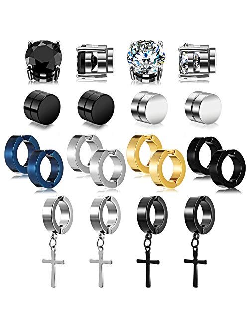 10 Pairs Magnetic Stud Earrings Stainless Steel Magnetic Earrings, Non-Piercing Cross Dangle Hoop Earrings Unisex Gauges Clip on Earring Black CZ Magnet Earring Set