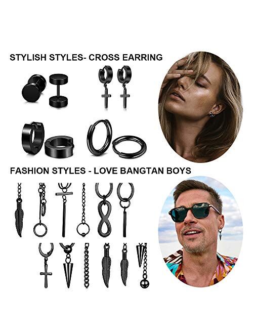 FIFATA Cross Dangle Earrings for Men 20 Pieces, Stainless Steel Stud Hinged Hoop Earrings, Long Chain Kpop Earrings for Women, Black and Silver