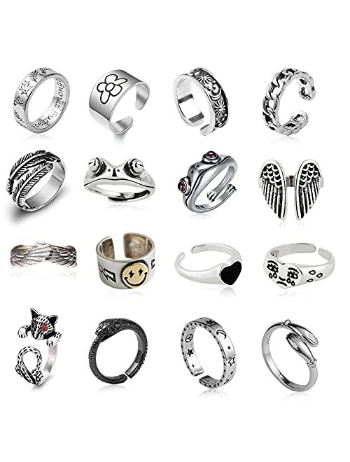 16 Pcs Silver Plated Frog Rings Set, Cute Animal Open Rings Pack, Vintage Goth Y2k Matching Rings, Cute and Stylish, Snake, Hug, Smiley Face, Moon and Sun Rings for Coupl