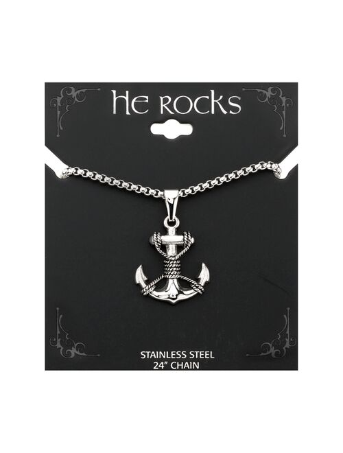 He Rocks Anchor with Rope Pendant Necklace in Stainless Steel, 24" Chain