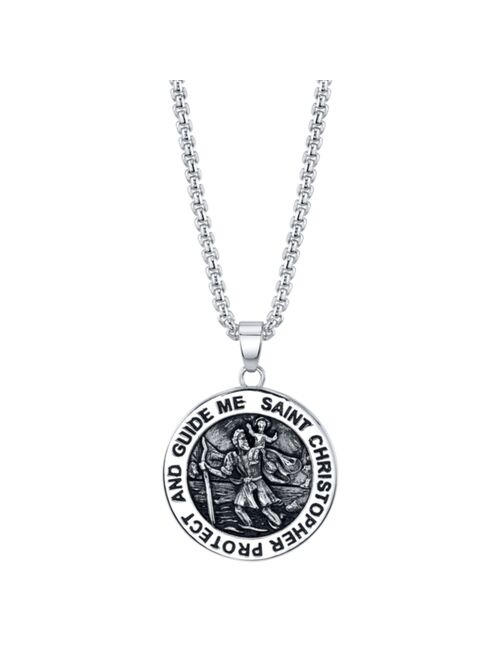 He Rocks "Saint Christopher" Coin Pendant Necklace in Stainless Steel, 24" Chain