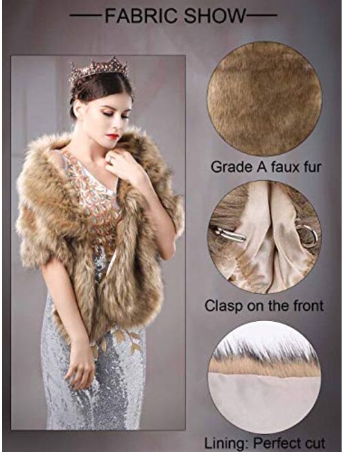 Aukmla Women's Wedding Faux Fur Wraps and Shawls Bridal Fur Stoles Scarf with Rhinestones Brooch for Bride and Bridesmaids