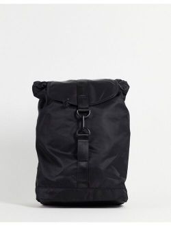backpack with front carabiner clip detail in black nylon