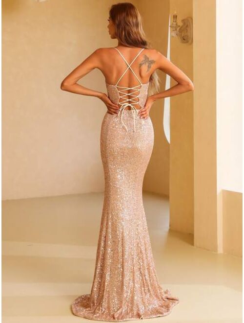 Missord Crisscross Lace Up Zipped Backless Split Thigh Sequin Prom Dress