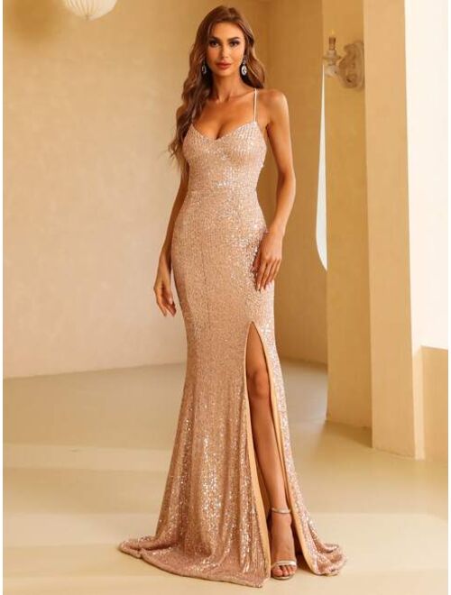 Missord Crisscross Lace Up Zipped Backless Split Thigh Sequin Prom Dress