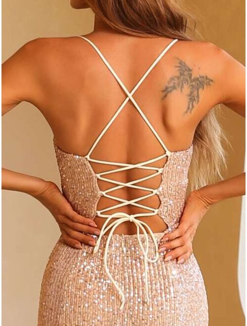 Missord Crisscross Lace Up Zipped Backless Split Thigh Sequin Prom Dress