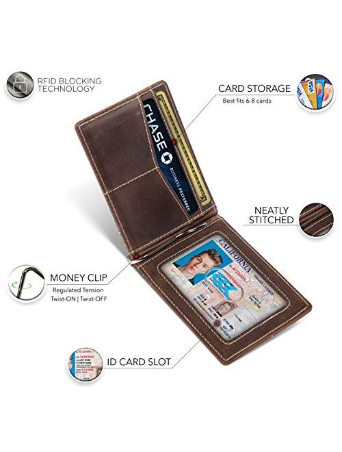SERMAN BRANDS RFID Blocking Wallet Slim Bifold - Genuine Leather Minimalist Front Pocket Wallets for Men with Money Clip