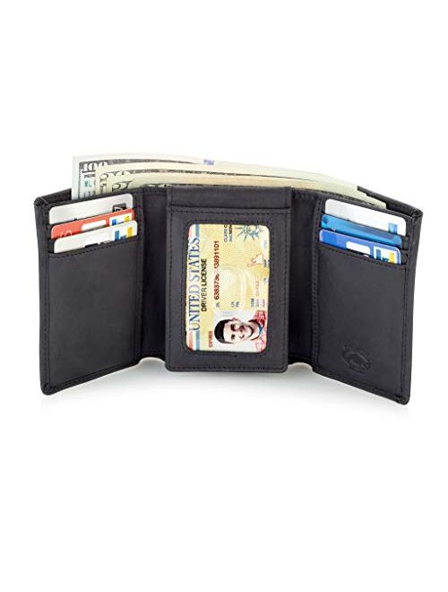 Stealth Mode Trifold Wallet - RFID Blocking Wallet with Flip ID Holder - Leather Case for Money, Credit Cards - Mens Organizer with Multi-Slots, Divided Billfold, Identit
