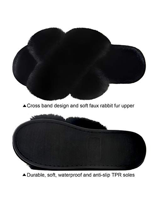 Women's Cross Band Slippers Soft Plush Furry Cozy Open Toe House Shoes Indoor Outdoor Faux Rabbit Fur Warm Comfy Slip On Breathable