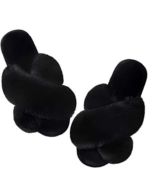 Women's Cross Band Slippers Soft Plush Furry Cozy Open Toe House Shoes Indoor Outdoor Faux Rabbit Fur Warm Comfy Slip On Breathable