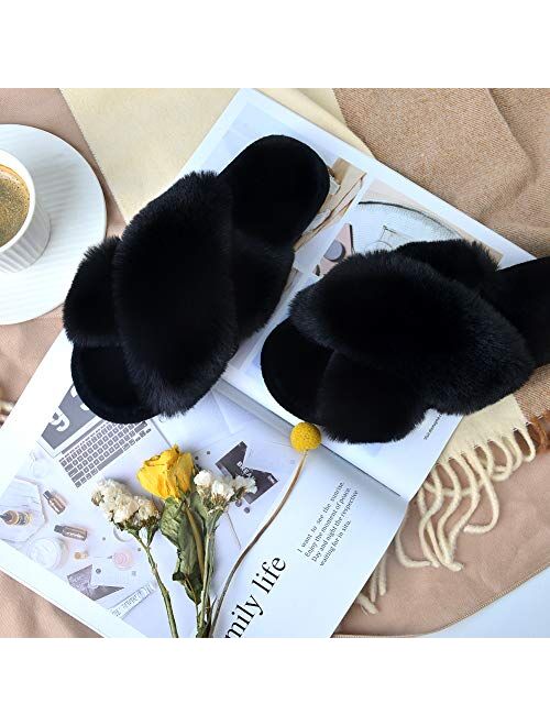 Women's Cross Band Slippers Soft Plush Furry Cozy Open Toe House Shoes Indoor Outdoor Faux Rabbit Fur Warm Comfy Slip On Breathable
